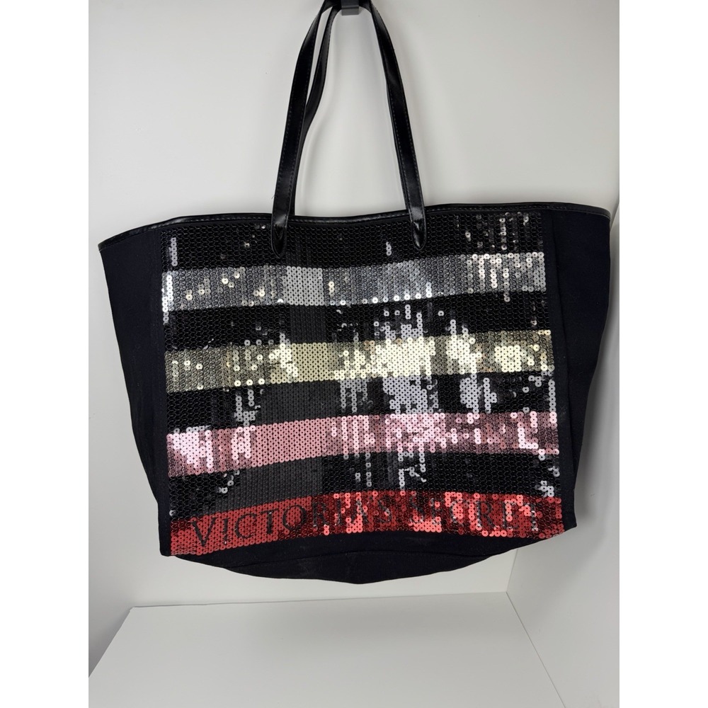 Victoria's Secret Black and Sequined Pink Red Tote Bag